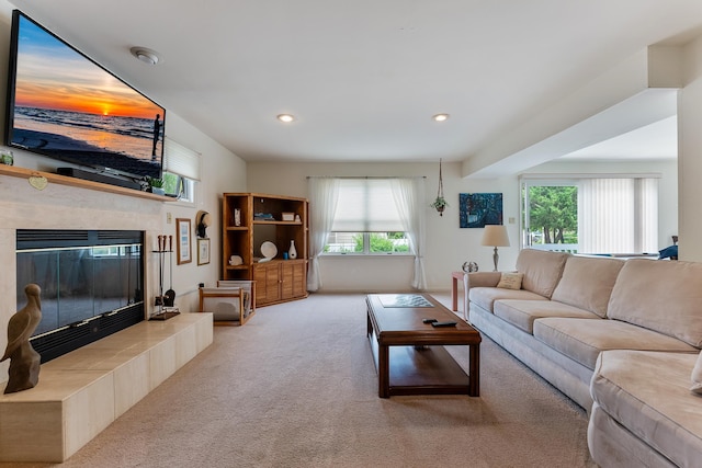 53 E 25th St, Avalon, NJ 08202 - carpeted living room featuring a tiled fireplace and recessed lighting