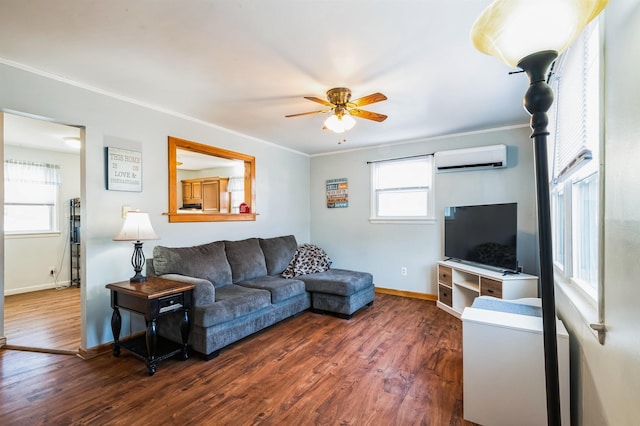 living room featuring dark wood-type flooring, an AC wall unit, ceiling fan, and a wealth of natural light