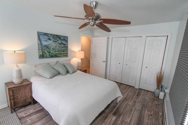 bedroom featuring ceiling fan and dark hardwood / wood-style flooring