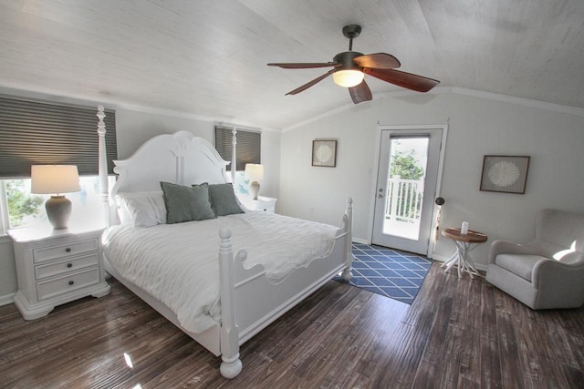 bedroom with dark wood-type flooring, crown molding, vaulted ceiling, ceiling fan, and access to exterior