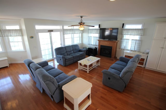 living room with ceiling fan and hardwood / wood-style floors