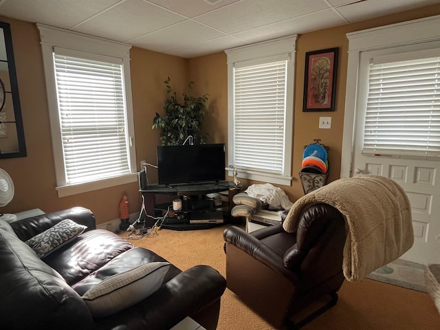 living area featuring carpet and a paneled ceiling