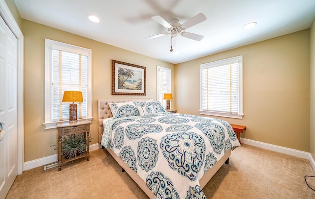 bedroom featuring recessed lighting, carpet flooring, and baseboards