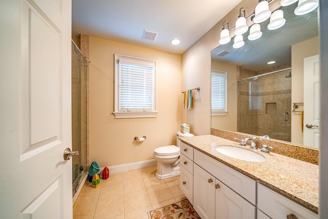 full bath with visible vents, a stall shower, vanity, tile patterned flooring, and baseboards