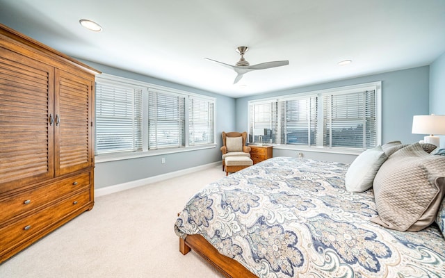 bedroom with carpet, baseboards, a ceiling fan, and recessed lighting