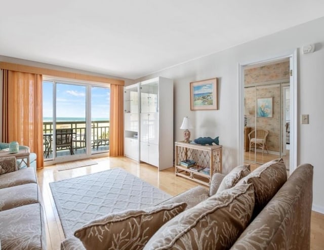 living room featuring a water view and light wood-type flooring