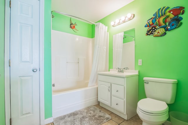 full bathroom featuring tile patterned flooring, vanity, shower / tub combo with curtain, and toilet