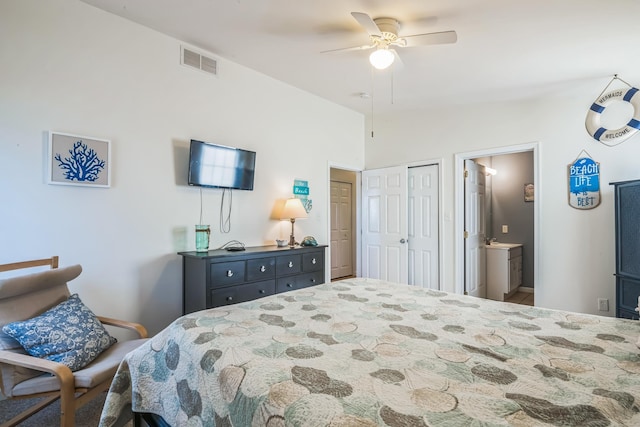 bedroom with vaulted ceiling, ensuite bath, and ceiling fan