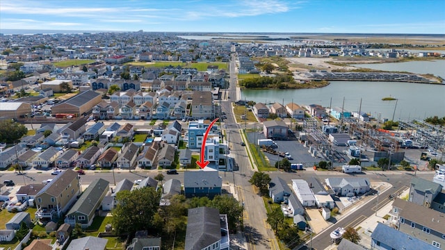 drone / aerial view featuring a water view