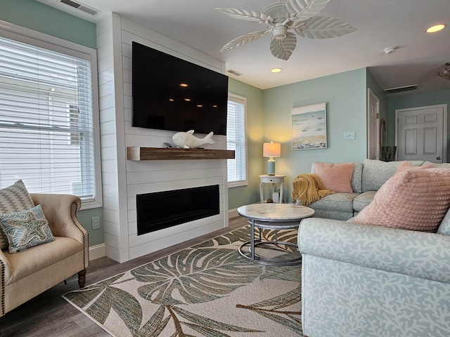 134 E Sweetbriar Rd Unit 134, Wildwood Crest, NJ 08260 - living area with wood finished floors, a fireplace, a ceiling fan, and recessed lighting