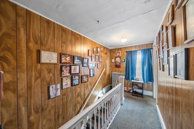 2090 Rte 50, Tuckahoe, NJ 08270 - hall featuring radiator, carpet, wood walls, an upstairs landing, and baseboards