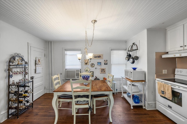 2090 Rte 50, Tuckahoe, NJ 08270 - dining space with wooden ceiling, an inviting chandelier, crown molding, and dark wood finished floors
