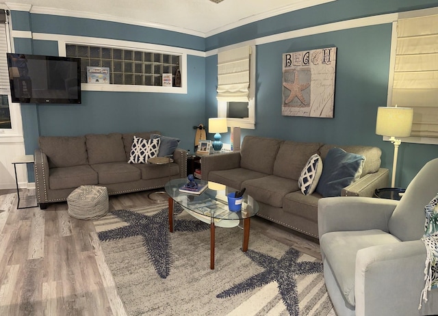 living area featuring ornamental molding and wood finished floors