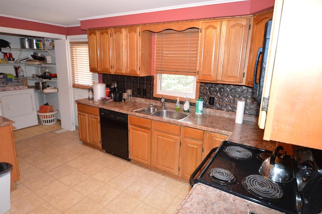 kitchen featuring washer / clothes dryer, range with electric cooktop, sink, black dishwasher, and backsplash