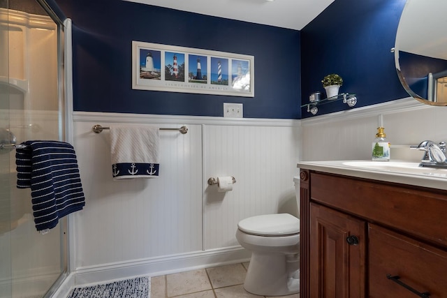 full bath featuring a wainscoted wall, a shower stall, and vanity