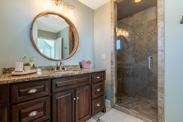 full bath featuring a shower stall, tile patterned flooring, and vanity