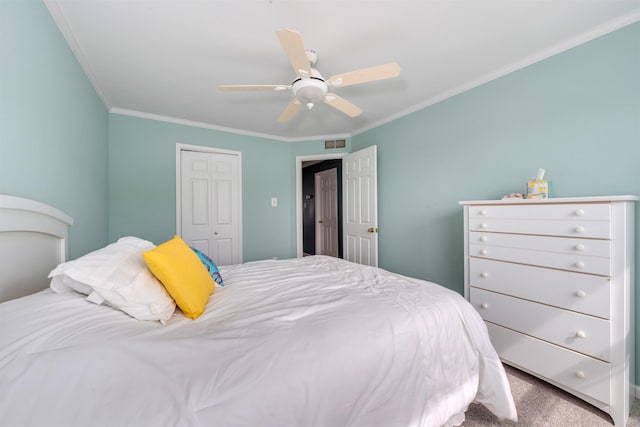 1520 Yacht Ave Unit 203, Cape May, NJ 08204 - bedroom featuring ornamental molding, a closet, ceiling fan, and carpet flooring