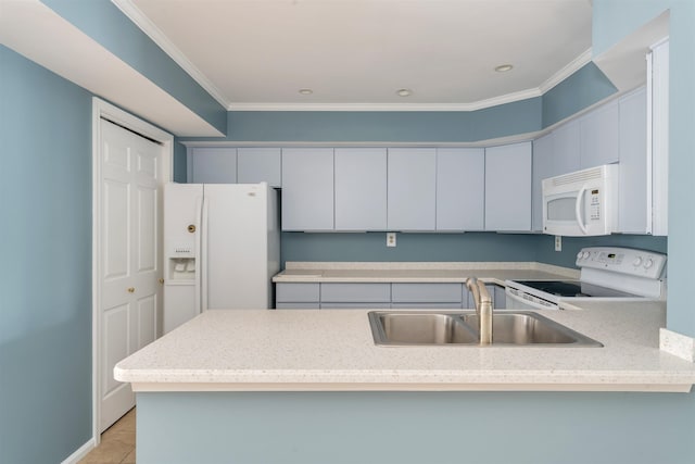1520 Yacht Ave Unit 203, Cape May, NJ 08204 - kitchen with white appliances, a sink, ornamental molding, a peninsula, and light tile patterned floors