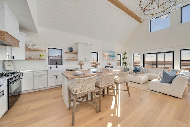 dining room featuring high vaulted ceiling, beamed ceiling, sink, a notable chandelier, and light wood-type flooring