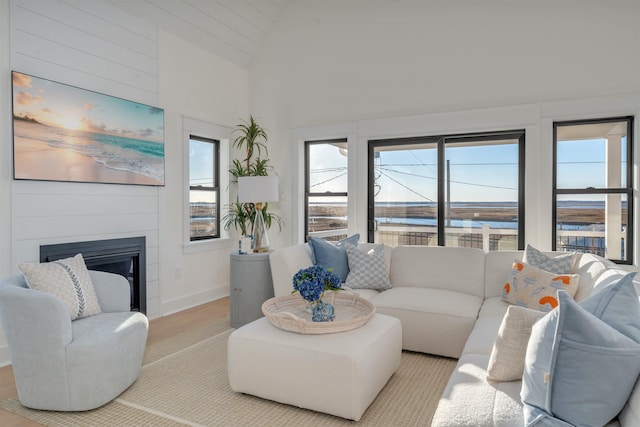 living room with a water view, a large fireplace, high vaulted ceiling, and light hardwood / wood-style floors