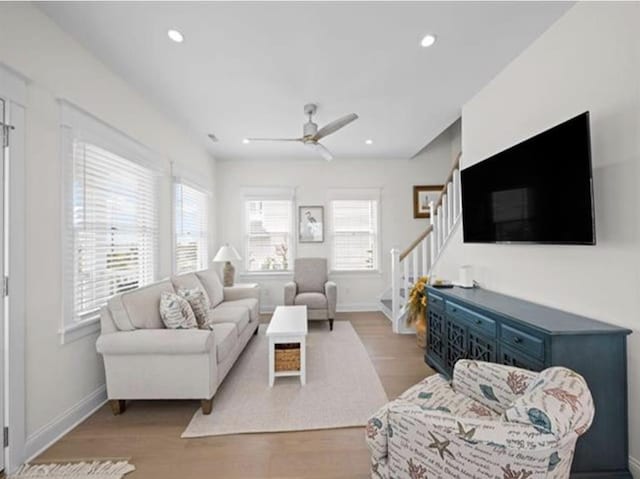 5765 Ocean Dr, Avalon, NJ 08202 - living area with stairs, wood finished floors, a ceiling fan, baseboards, and recessed lighting