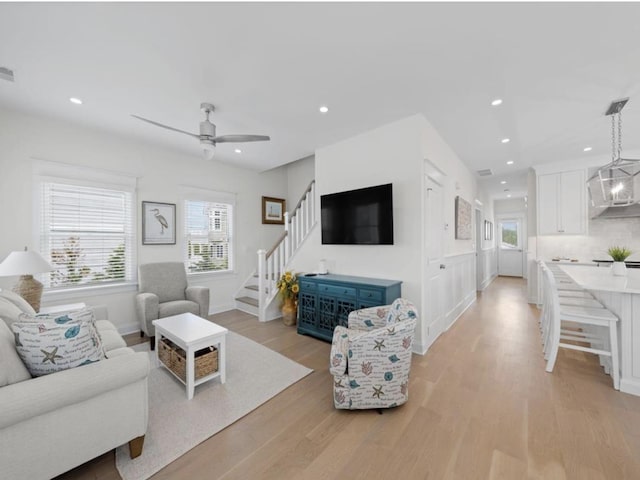 5765 Ocean Dr, Avalon, NJ 08202 - living area featuring light wood finished floors, stairs, ceiling fan, recessed lighting, and baseboards