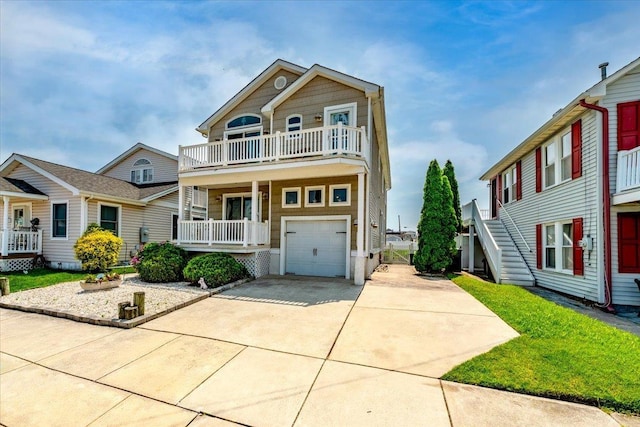 430 W Pine Ave, Wildwood, NJ 08260 - view of front facade featuring a balcony, concrete driveway, an attached garage, a porch, and stairs