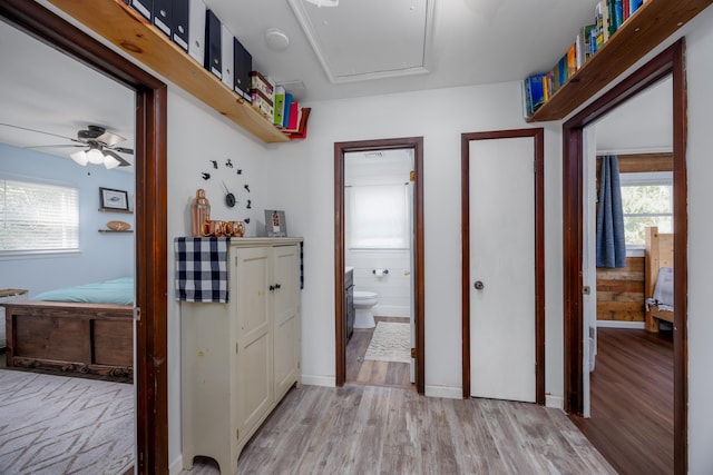 hall with wooden walls and light wood-type flooring