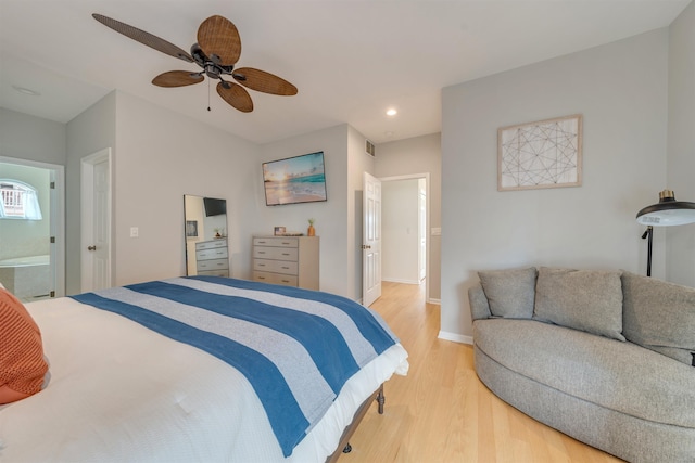 1524 Yacht Ave Unit A, Cape May, NJ 08204 - bedroom with light wood-style floors, recessed lighting, baseboards, a ceiling fan, and ensuite bathroom