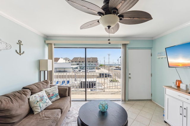 300 Ocean Ave Unit 201, North Wildwood, NJ 08260 - living room featuring light tile patterned flooring, ornamental molding, and a ceiling fan