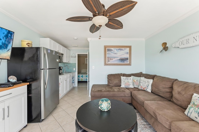 300 Ocean Ave Unit 201, North Wildwood, NJ 08260 - living area featuring crown molding, light tile patterned floors, and ceiling fan