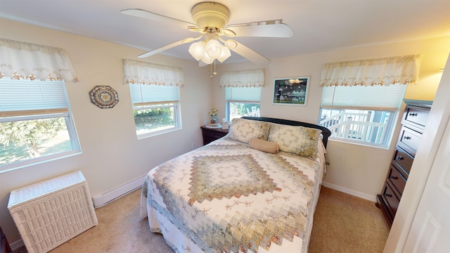 carpeted bedroom with radiator and ceiling fan