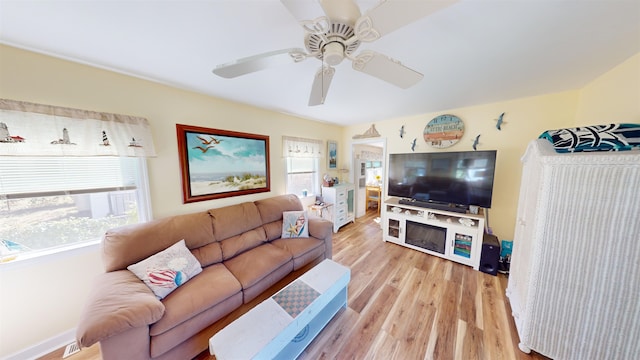 living room with ceiling fan and light hardwood / wood-style floors