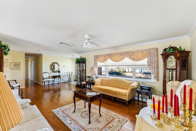 living room featuring a baseboard radiator, ornamental molding, dark hardwood / wood-style floors, and ceiling fan