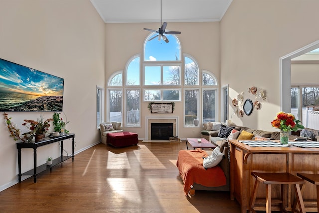 living room with a high ceiling, a fireplace with flush hearth, a ceiling fan, wood finished floors, and baseboards