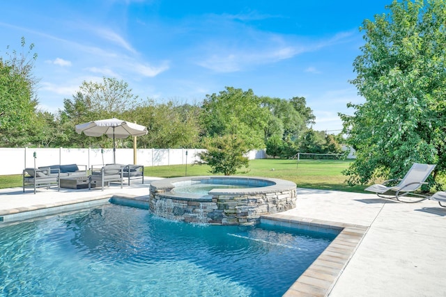 view of pool with a lawn, an outdoor hangout area, pool water feature, an in ground hot tub, and a patio