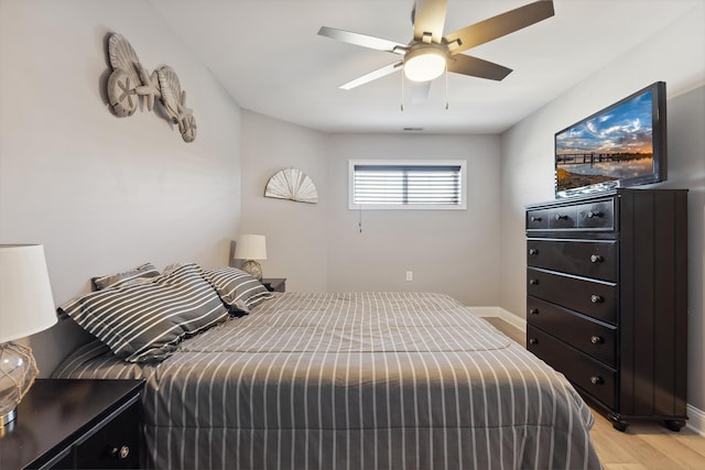 bedroom featuring ceiling fan and light wood-type flooring