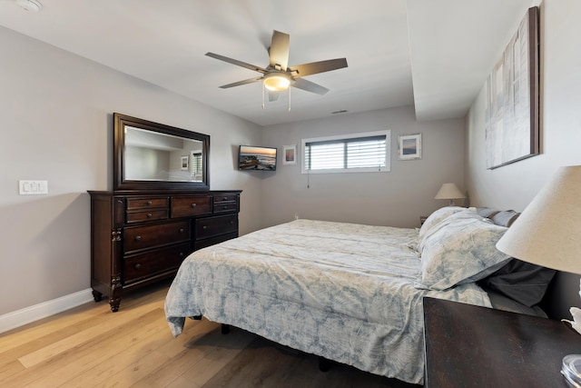 bedroom featuring ceiling fan and light hardwood / wood-style floors