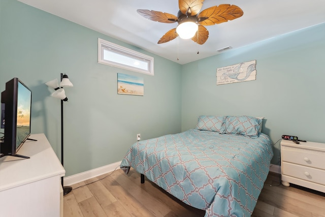 bedroom featuring ceiling fan and light wood-type flooring