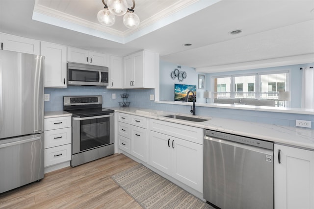 kitchen with a sink, decorative backsplash, a tray ceiling, white cabinetry, and appliances with stainless steel finishes