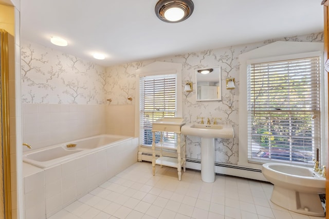 full bathroom featuring wallpapered walls, tile patterned flooring, a bidet, and a bath