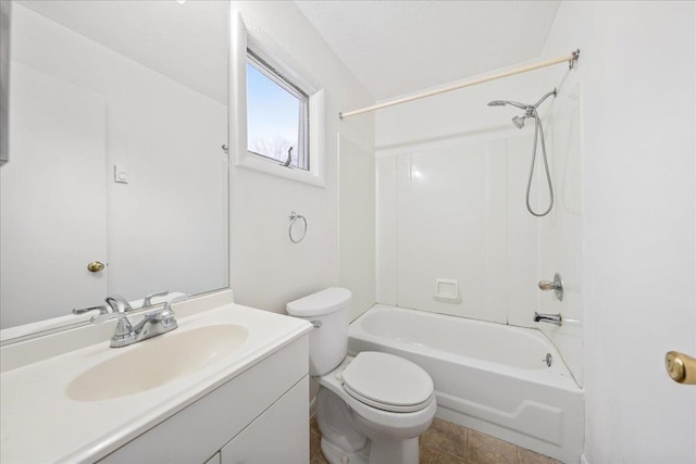 full bathroom featuring tile patterned flooring, vanity, shower / bathing tub combination, a textured ceiling, and toilet