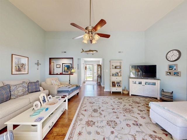 63 Cape Woods Rd, North Cape May, NJ 08204 - living area featuring a ceiling fan, wood finished floors, and high vaulted ceiling