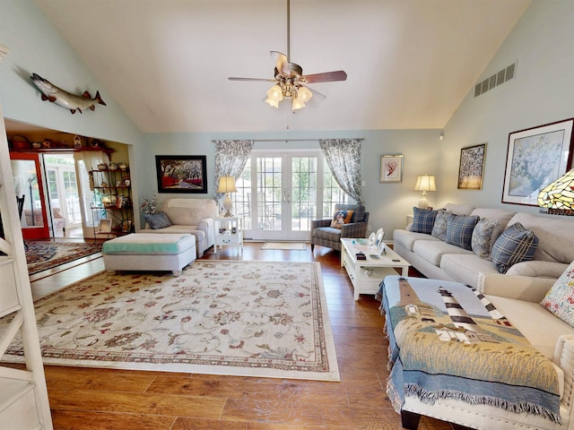 63 Cape Woods Rd, North Cape May, NJ 08204 - living area with french doors, high vaulted ceiling, ceiling fan, and wood finished floors
