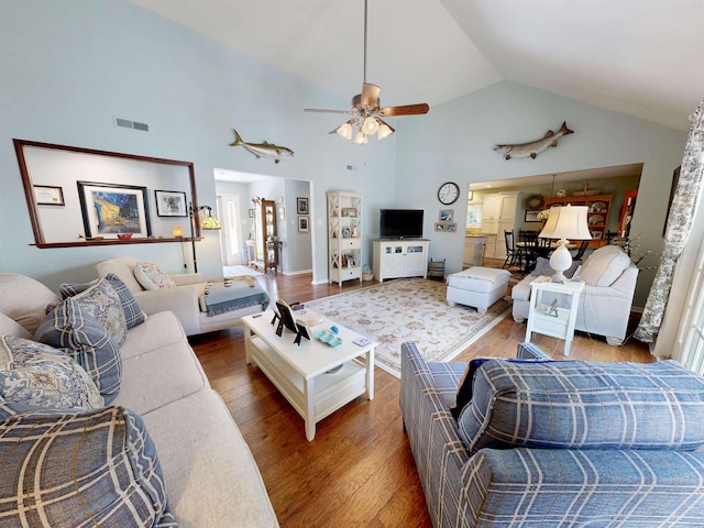 63 Cape Woods Rd, North Cape May, NJ 08204 - living room featuring wood finished floors, ceiling fan, and high vaulted ceiling