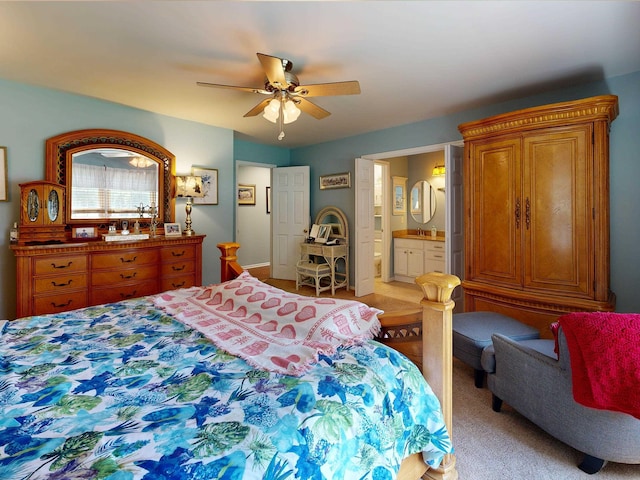 63 Cape Woods Rd, North Cape May, NJ 08204 - bedroom with light carpet, ensuite bath, and ceiling fan
