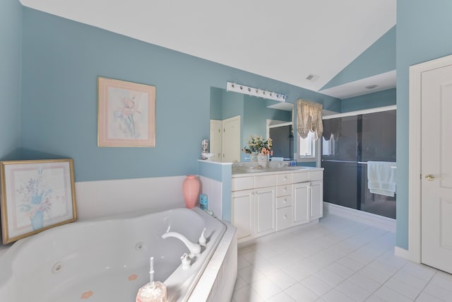 7423 Ocean Dr, Avalon, NJ 08202 - bathroom with vanity, vaulted ceiling, a whirlpool tub, a stall shower, and tile patterned flooring