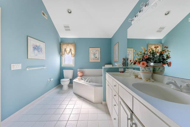 7423 Ocean Dr, Avalon, NJ 08202 - full bathroom featuring a garden tub, lofted ceiling, toilet, tile patterned floors, and double vanity