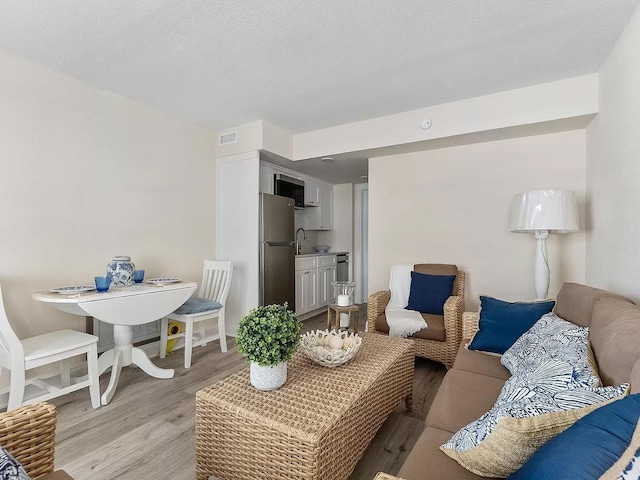 living room with a textured ceiling, light hardwood / wood-style floors, and sink