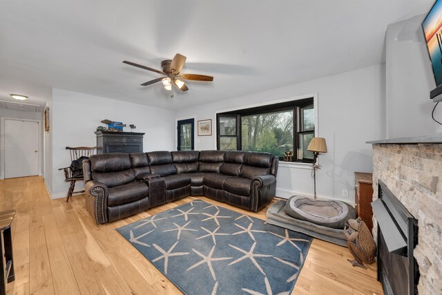 716 Dias Creek Rd, Cape May Court House, NJ 08210 - living room with hardwood / wood-style floors, attic access, a ceiling fan, a fireplace, and baseboards